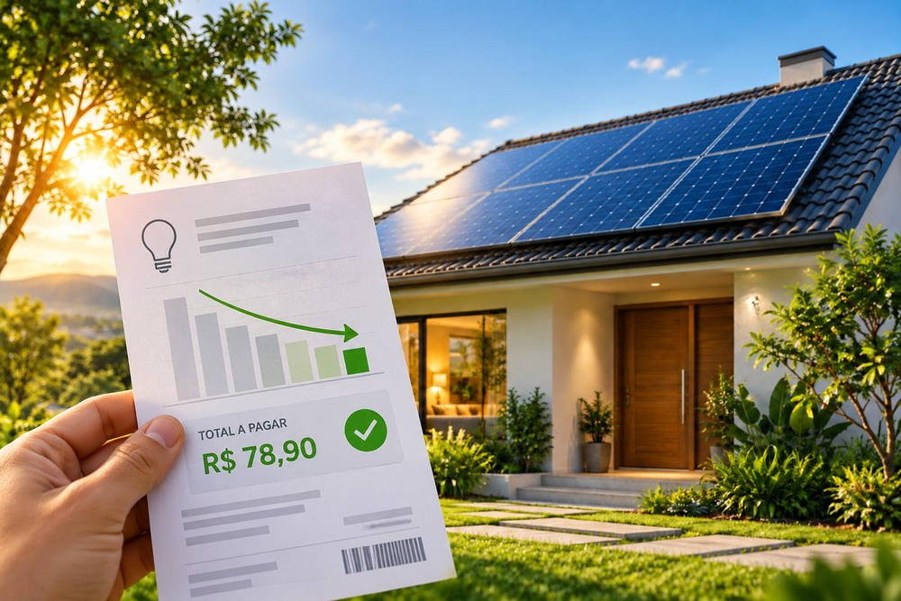 Conta de luz de R$ 78,90 na mão, com o gráfico de consumo em queda, diante de uma casa com painéis no telhado