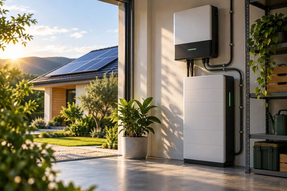 Inversor e bateria instalados na parede da garagem, com a casa e os painéis ao fundo