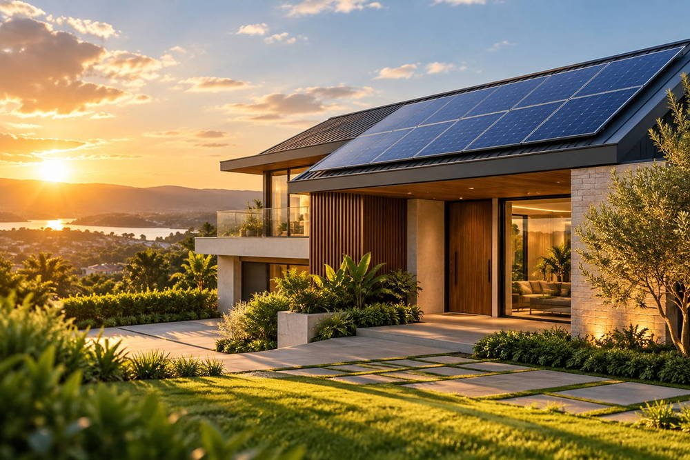 Casa moderna ao entardecer com o telhado inteiro coberto por módulos fotovoltaicos