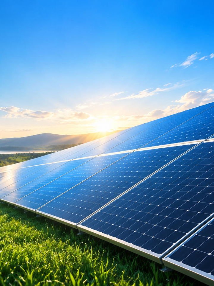 Fileira de módulos fotovoltaicos instalada em campo aberto