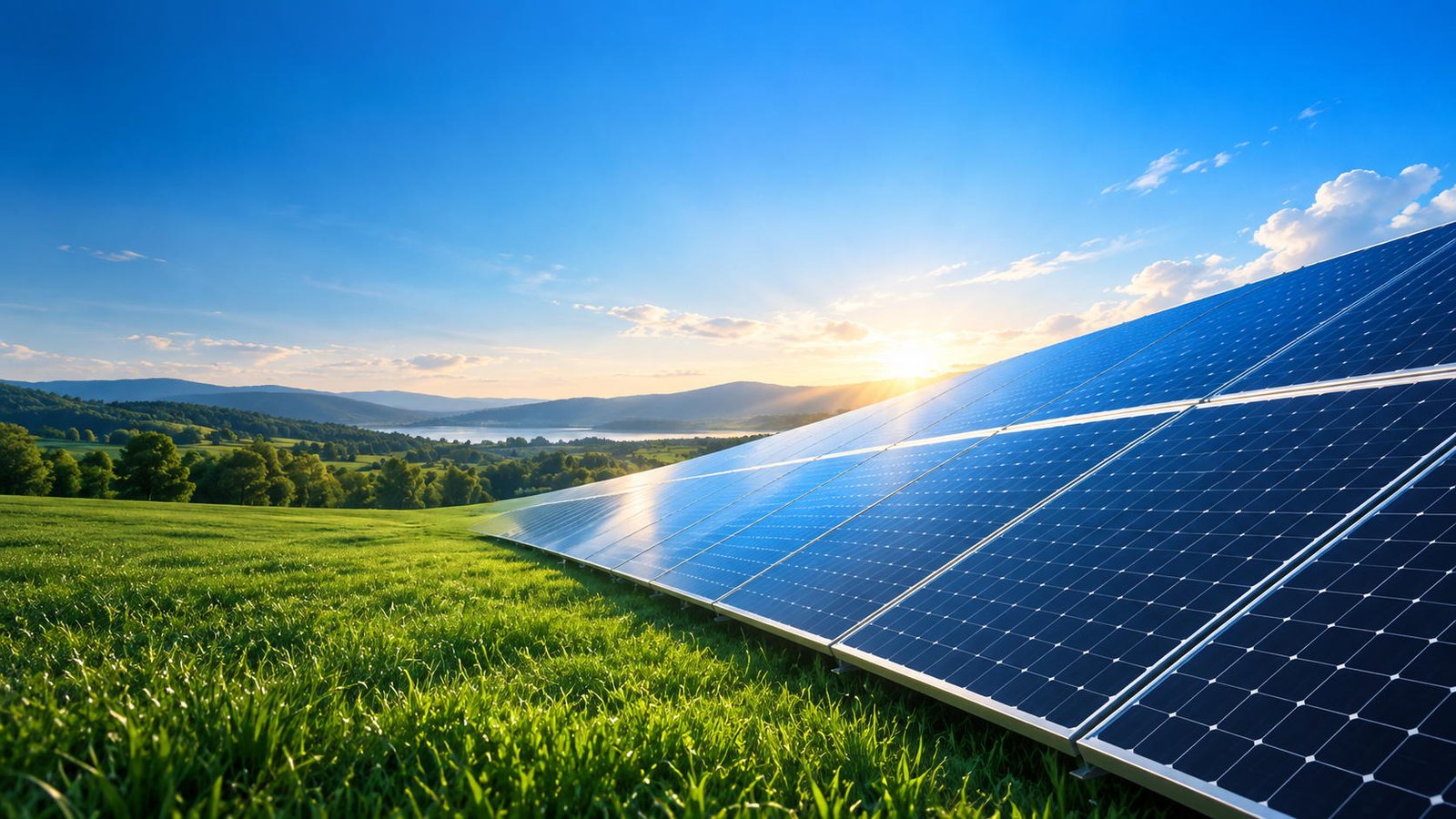 Fileira de módulos fotovoltaicos instalada em campo aberto, com o sol nascendo sobre as colinas ao fundo
