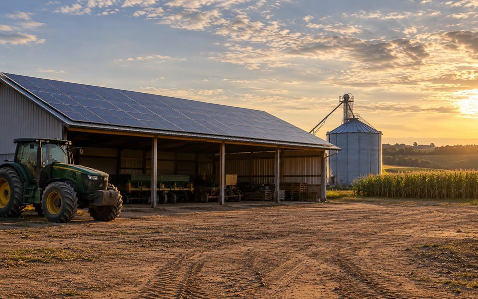 Barracão de máquinas agrícolas com o telhado coberto por módulos, trator ao lado e silo metálico ao fundo, no fim da tarde