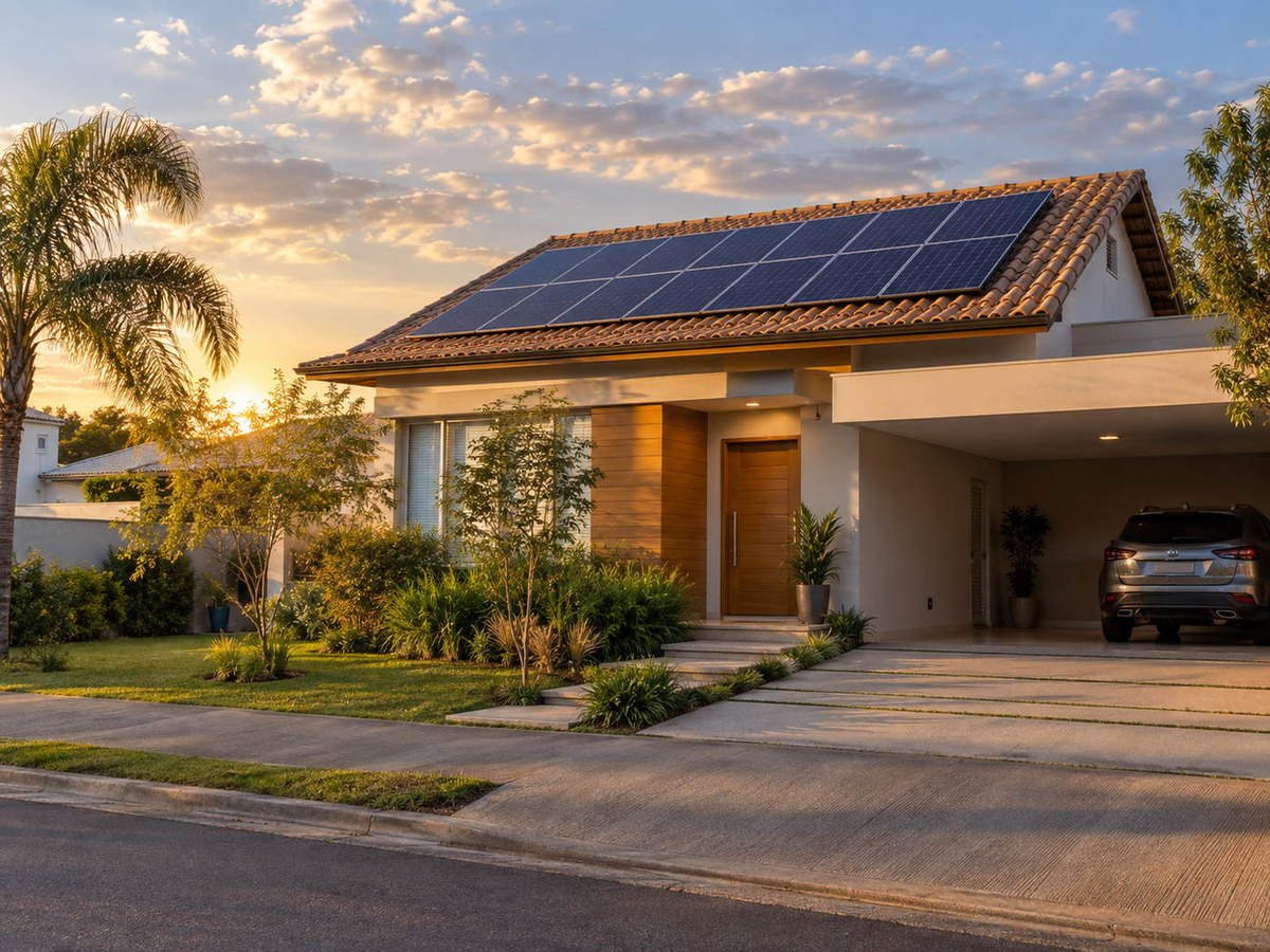 Casa térrea com telhado de cerâmica e doze módulos fotovoltaicos, garagem e jardim à frente, no fim da tarde